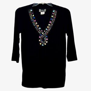 Slinky Brand Beaded Tunic Top Womens PS Pullover Stretch 3/4 Sleeves Black Vtg